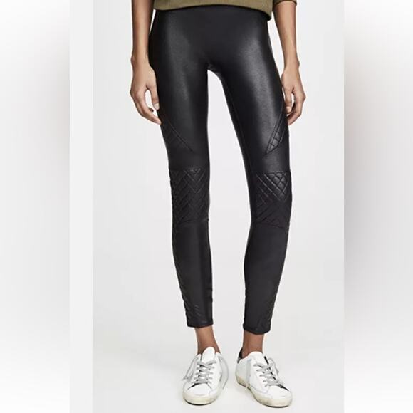 Spanx Faux Leather Moto Quilted High Rise Black Ankle Leggings Size Medium - Picture 1 of 5